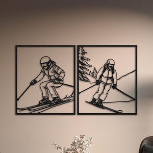 Set of 2 Skiing Metal Wall Art,Ski Resort Metal Wall Art,Winter Sports Sign,Skii Wall Sculpture,Skier Minimalist Wall Art, Skiing Gifts