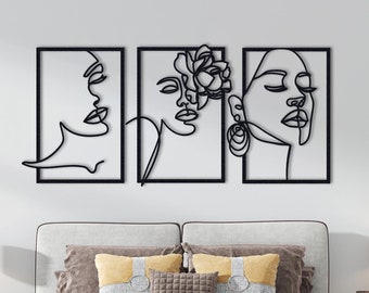 Juego de 3 figuras de metal con diseño de mujer, decoración floral, escultura de pared, arte lineal de metal, decoración de dormitorio