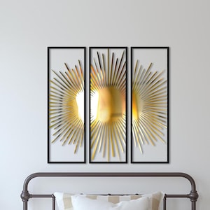 Juego de 3 decoraciones de pared de plexiglás y metal con diseño de sol, arte solar, decoración de sol, arte de atardecer/amanecer, decoración de playa, arte de pared, decoración de habitación, regalo de inauguración de la casa