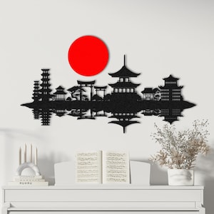 Japanese Pagoda with Lake Reflection Metal Wall Art, Zen Temple Silhouette Decor, Zen Wall Art for Meditation Room, Japanese Garden Decor