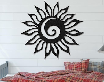 Art mural soleil en métal, décoration murale en spirale soleil, décoration céleste, suspension murale soleil tribal, enseigne murale de bureau moderne, art extérieur