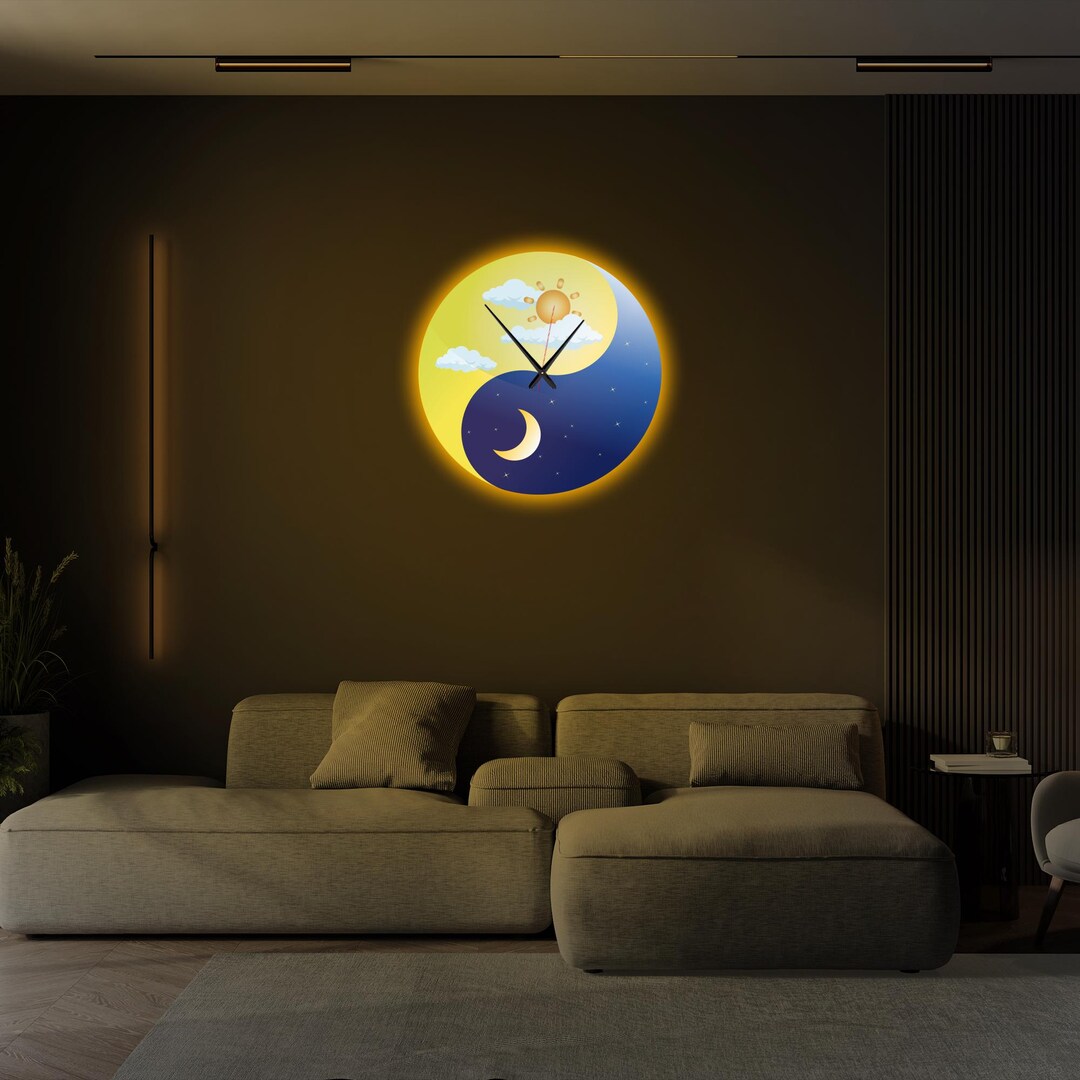 UV Printing Yin Yang Metal Wall Clock With LED, Sun Moon and Stars Wall ...