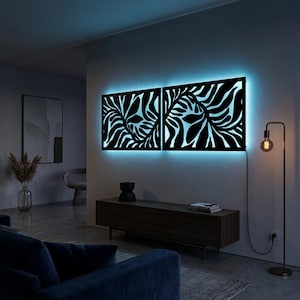 Leaf Metal Wall Art Set of 2, LED Backlit Outdoor Decor, Tropical ...
