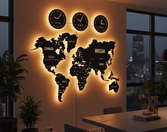LED World Map Wall Art with Clock, Metal Wall Decor, Modern Wall Clock Decor, Large Wall Art, Office Decor, Housewarming Gift