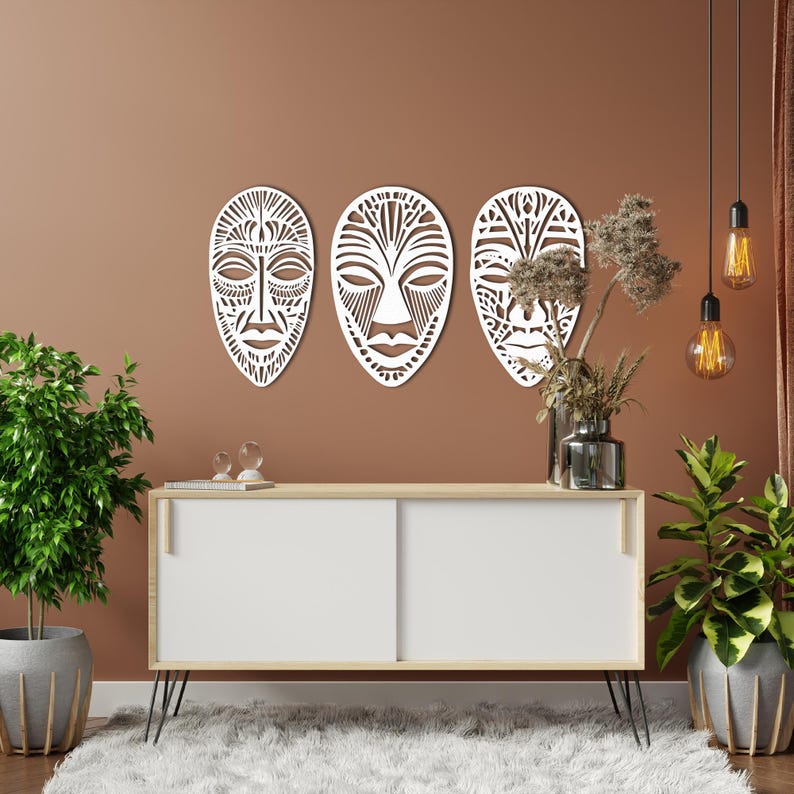 3 Panel African Mask Metal Wall Art, African Mask Wall Decor, Set Of 3 Wall Art, African Home Decor, African American Decor, African Gifts