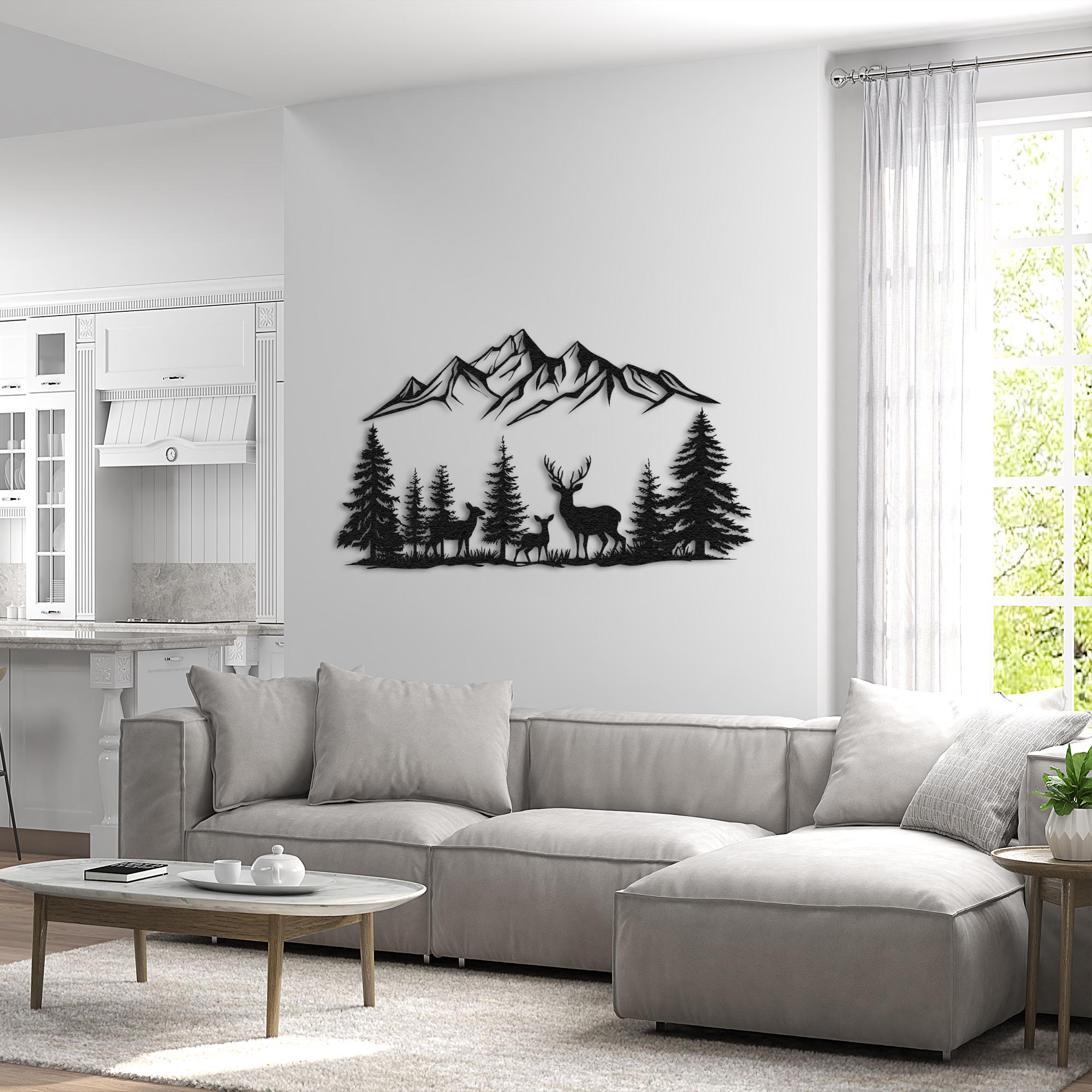 Mountain Forest Metal Wall Art, Metal Deer Family Art, Mountain and ...