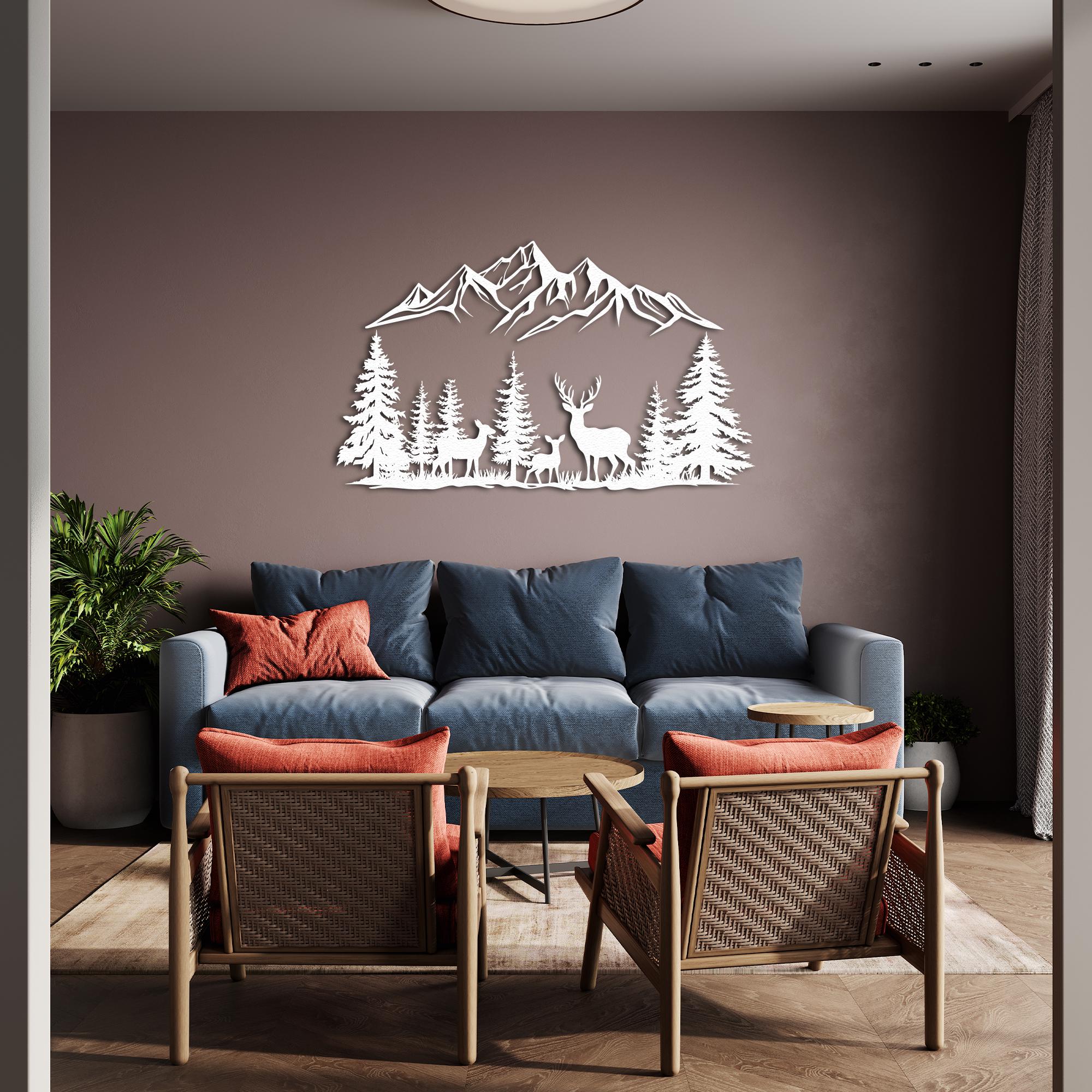 Mountain Forest Metal Wall Art, Metal Deer Family Art, Mountain and ...