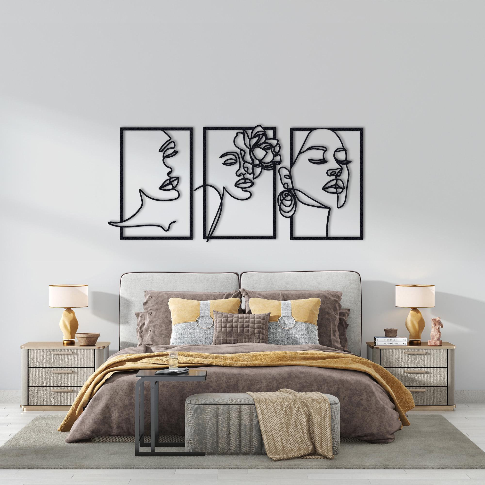 Set of 3 Woman Metal Wall Line Art, Floral Wall Decor, Woman Metal Wall ...