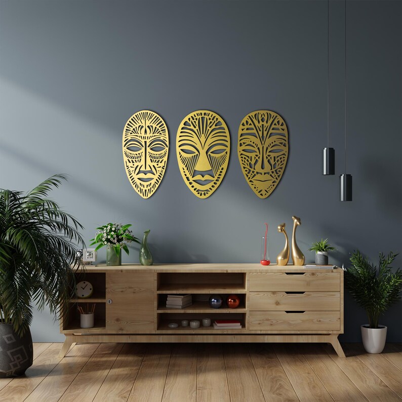 3 Panel African Mask Metal Wall Art, African Mask Wall Decor, Set Of 3 Wall Art, African Home Decor, African American Decor, African Gifts