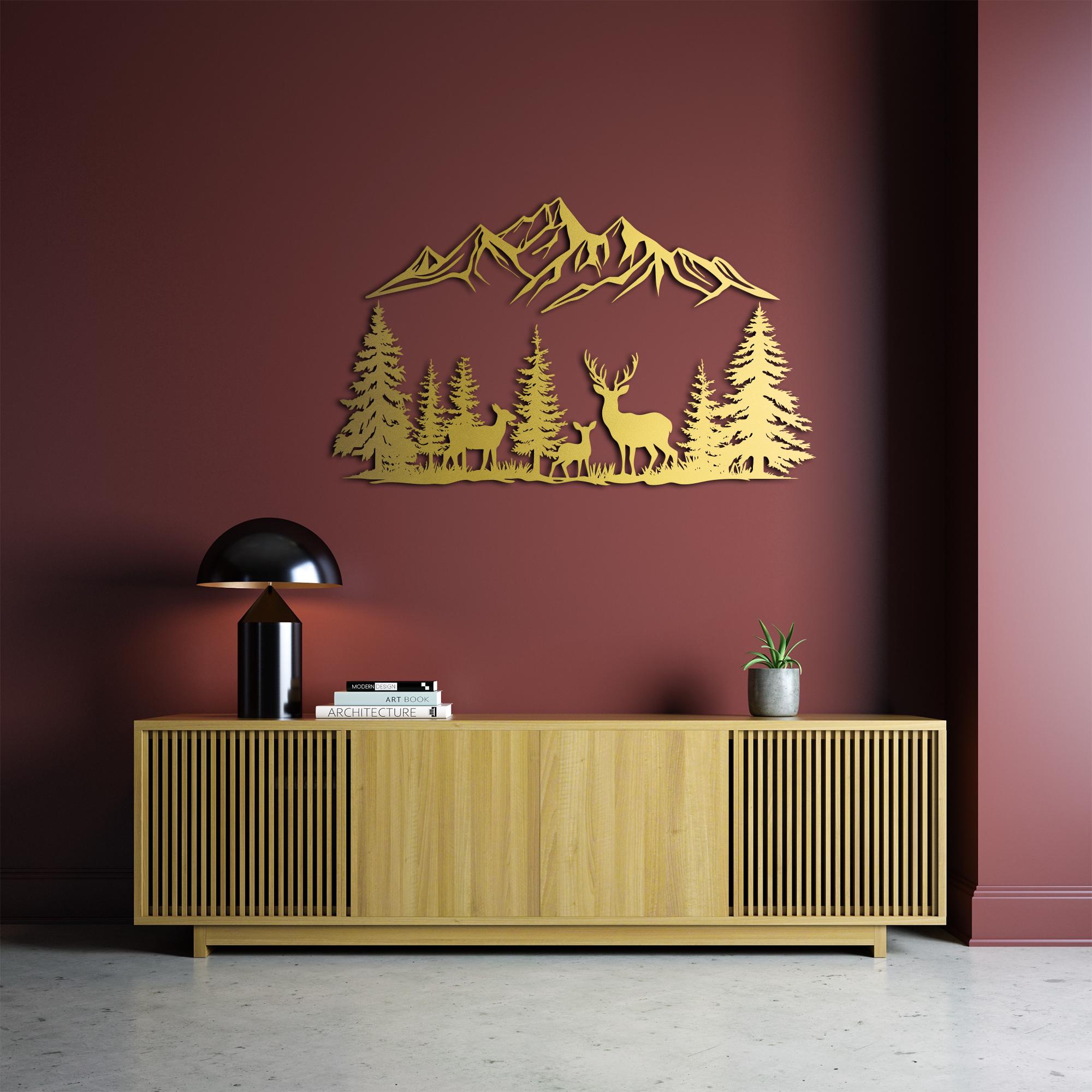 Mountain Forest Metal Wall Art, Metal Deer Family Art, Mountain and ...