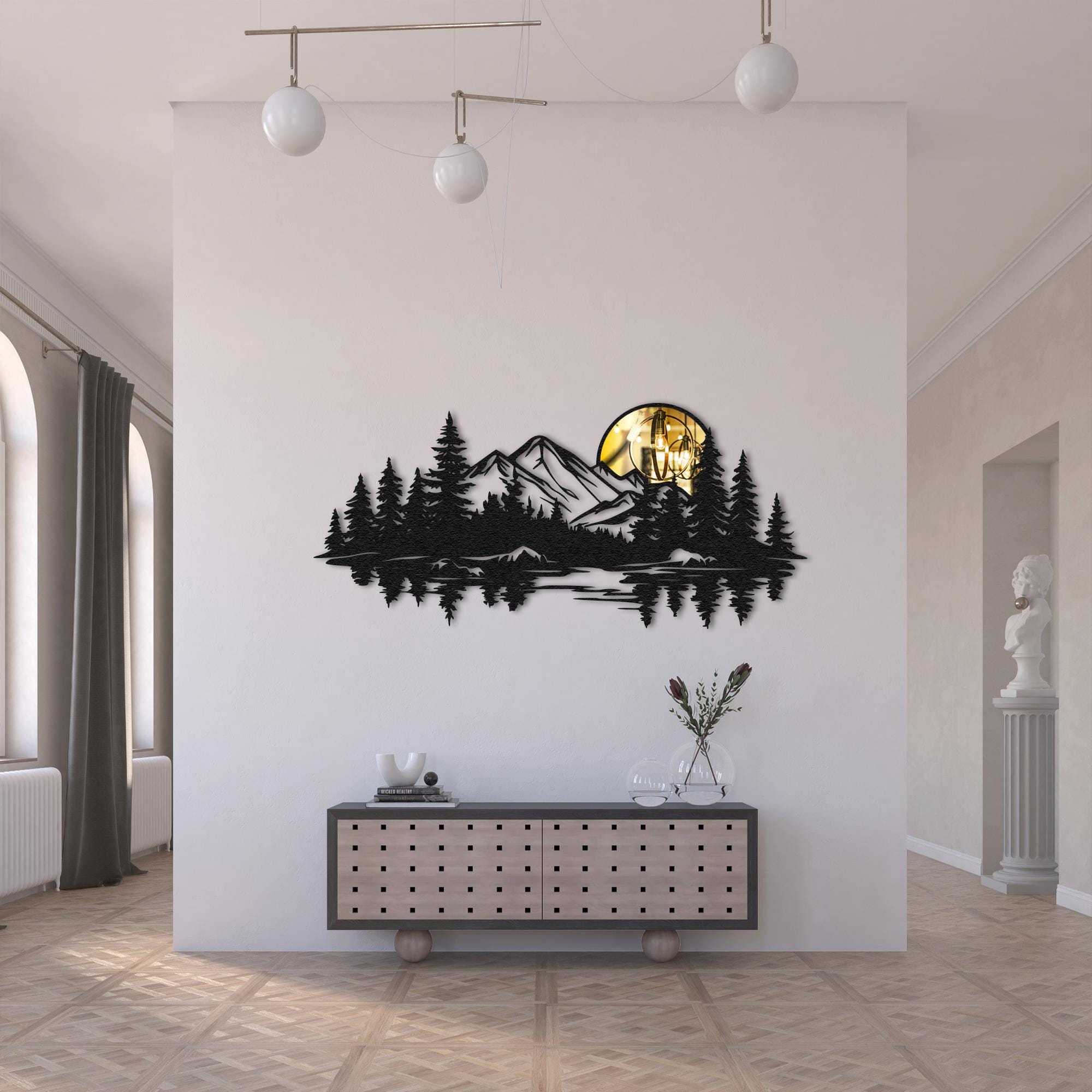 Mountain and Forest Metal Wall Art with Plexiglass Moon/Sun,Extra Large Farmhouse Decor,Landscape Wall Art,Xmas gift,Living Room Wall Art