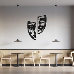 Arte de pared de metal con máscara de teatro de comedia y tragedia, regalos de teatro, arte de pared de drama de metal, decoración de pared con dos máscaras, máscara de comedia y tragedia, obra de arte de metal