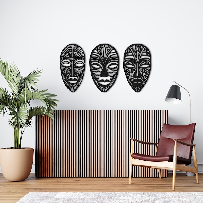3 Panel African Mask Metal Wall Art, African Mask Wall Decor, Set Of 3 Wall Art, African Home Decor, African American Decor, African Gifts