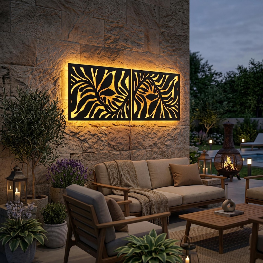 Leaf Metal Wall Art Set of 2, LED Backlit Outdoor Decor, Tropical ...