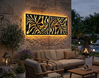 Leaf Metal Wall Art Set of 2, LED Backlit Outdoor Decor, Tropical Botanical Panel, Garden Patio Wall Sculpture Metal Art
