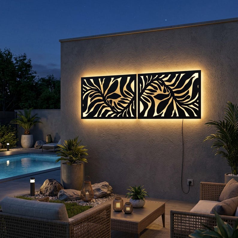 Leaf Metal Wall Art Set of 2, LED Backlit Outdoor Decor, Tropical ...