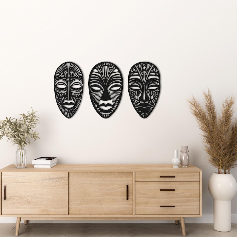 3 Panel African Mask Metal Wall Art, African Mask Wall Decor, Set Of 3 Wall Art, African Home Decor, African American Decor, African Gifts
