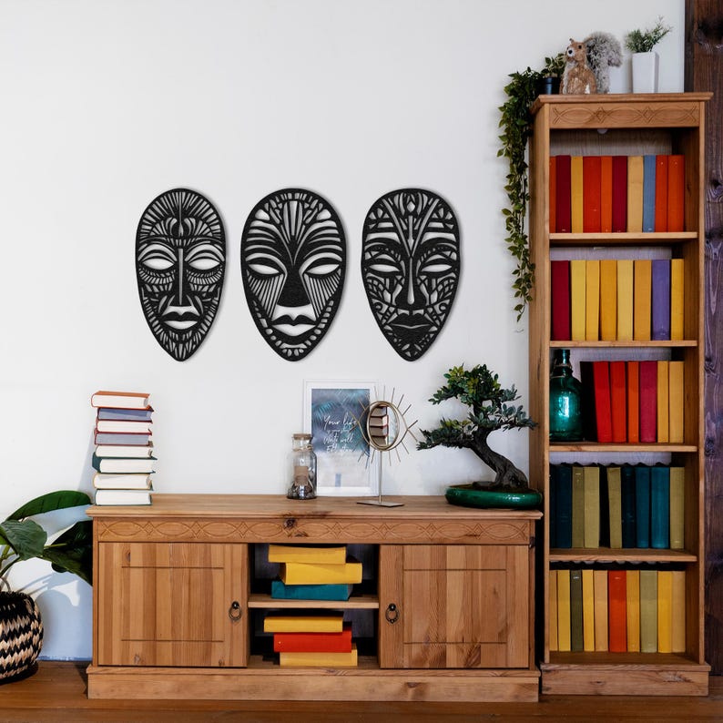 3 Panel African Mask Metal Wall Art, African Mask Wall Decor, Set Of 3 Wall Art, African Home Decor, African American Decor, African Gifts