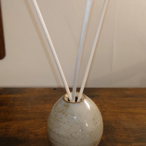 May include: A speckled, egg-shaped ceramic diffuser vase with three white reeds. The vase is a light beige colour with brown speckles and sits on a dark wooden surface. The reeds are straight and tall, protruding from the vase's opening.