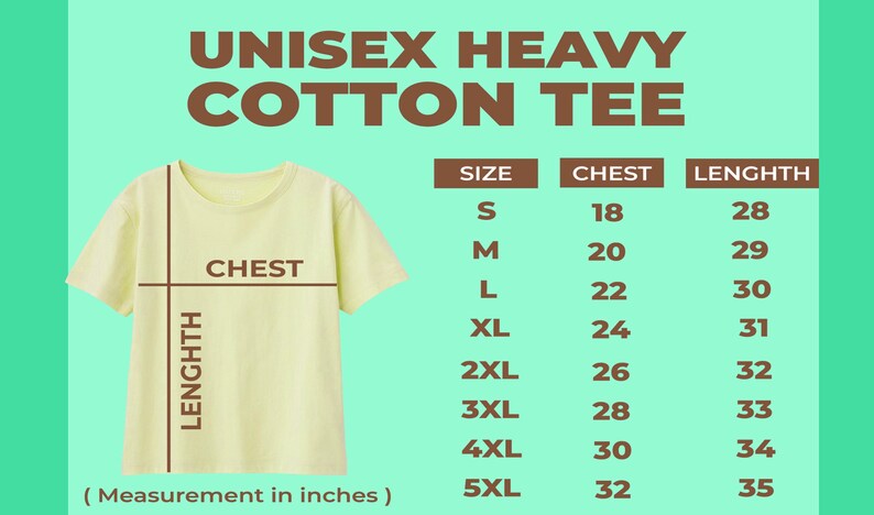 Pu&ograve; includere: Tabella delle taglie per una t-shirt unisex in cotone pesante. La tabella mostra la taglia, la misura del petto in pollici e la misura della lunghezza in pollici.