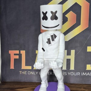 May include: A white figurine of a character with a square head, black cross eyes, and a smiling mouth. The figure is wearing a white outfit and stands on a purple base with the word "FORTNITE". The background has text.