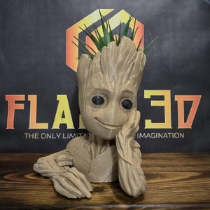 May include: A tan-colored 3D-printed planter shaped like a character with large black eyes and a smiling expression. The planter holds green plants. The background features the text "FLAME 3D" and "THE ONLY LIMITATION IS IMAGINATION."