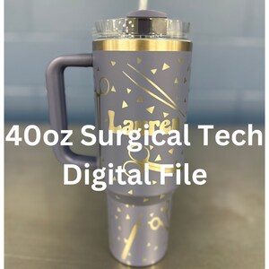 May include: A 40oz stainless steel tumbler with a purple powder coat finish and a gold design. The design includes a pair of surgical scissors, a scalpel, and the name "Lauren". The tumbler has a handle and a clear lid with a straw.