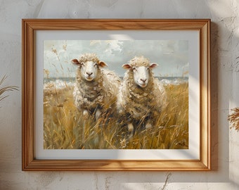 Two Sheeps in the Grassland Vintage Print, Farmhouse Wall Decor, Wall Art, Living Room Art,Digital Download PRINTABLE Vintage Art Minimalism