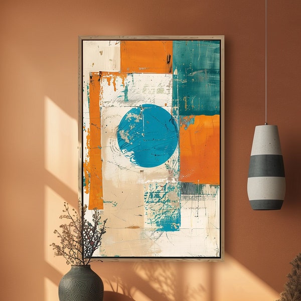 Abstract Orange Blue Cream Art - Structured Deconstruction Digital Print, Textured Turquoise Beige Canvas, Modern Home Decor Wall Art 20