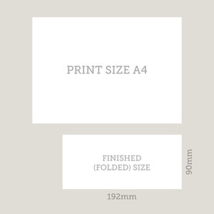 May include: Two white rectangular cards with text. The top card reads "PRINT SIZE A4". The bottom card reads "FINISHED (FOLDED) SIZE" and has dimensions of 192mm x 90mm.