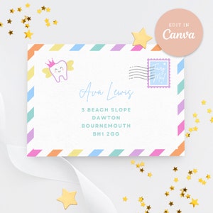 Plantilla de carta de hada de los dientes en miniatura con sobre, recibo y certificado, arcoíris, editable, imprimible, Canva, descarga instantánea
