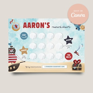 May include: A watercolor-style reward chart with a pirate theme. The chart features a pirate ship, treasure chest, and a compass. The text "AARON'S reward chart" is displayed, along with the text "START", "REWARD", "YOU DID IT!", and "My big reward will be A SPONGEBOB SQUAREPANTS GAME".