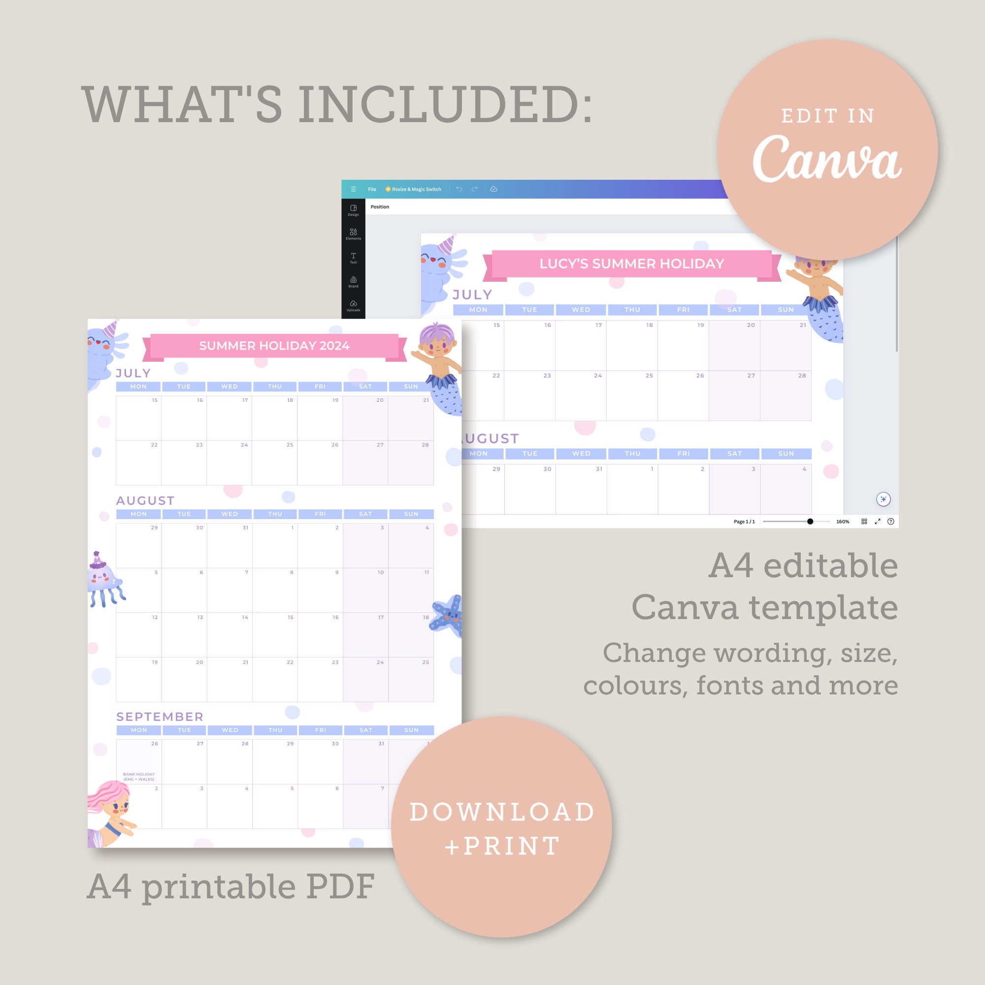 2024 UK School Summer Holiday Planner Template Pastel A4 Editable