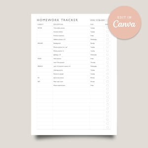 Puede incluir: Un rastreador de tareas imprimible en blanco y negro con una lista de asignaturas, descripciones, fechas de vencimiento y casillas de verificación. Las asignaturas incluyen Matemáticas, Inglés, Música, Francés, Educación Física y Arte. La semana es el 15 de septiembre de 2021.