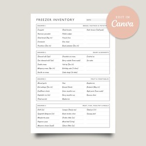 May include: A printable freezer inventory sheet with a minimalist design. The document is divided into sections for different food categories, including bread, dairy, fruits, vegetables, and meals. The top right corner features the text "Edit in Canva."