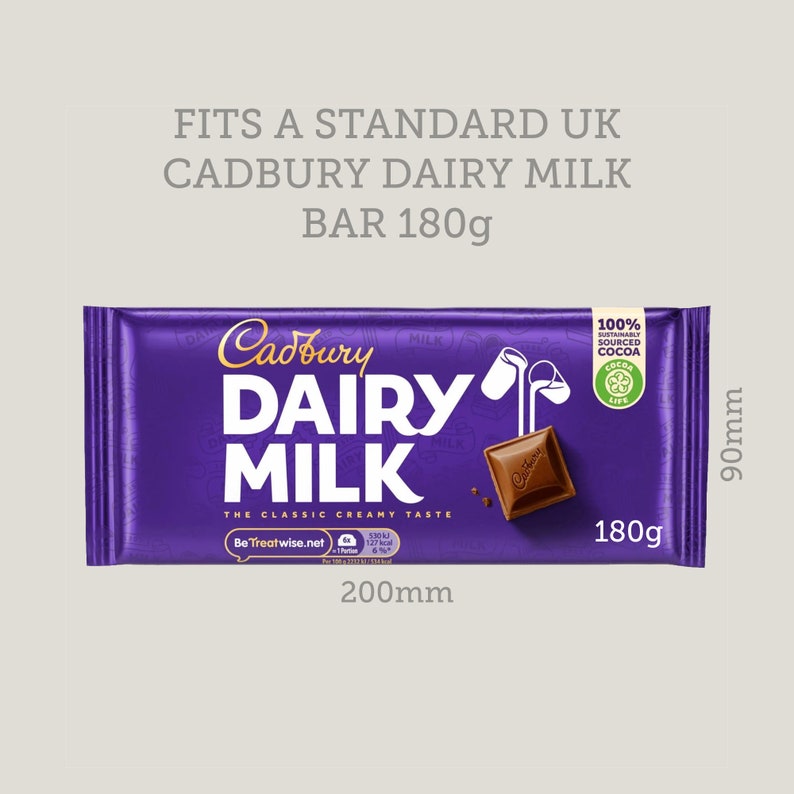 May include: A Cadbury Dairy Milk chocolate bar in a purple wrapper. The bar is 200mm long and 90mm wide, and weighs 180g. The packaging includes the text "Cadbury Dairy Milk" and "The Classic Creamy Taste."