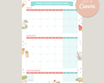 2026 England + Wales UK School Summer Holiday Planner Template Kawaii A4 Editable Printable Canva Instant Download