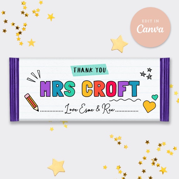 Thank You Teacher End Of Term Year UK Chocolate Bar Wrapper Lines Editable Printable Canva Instant Download