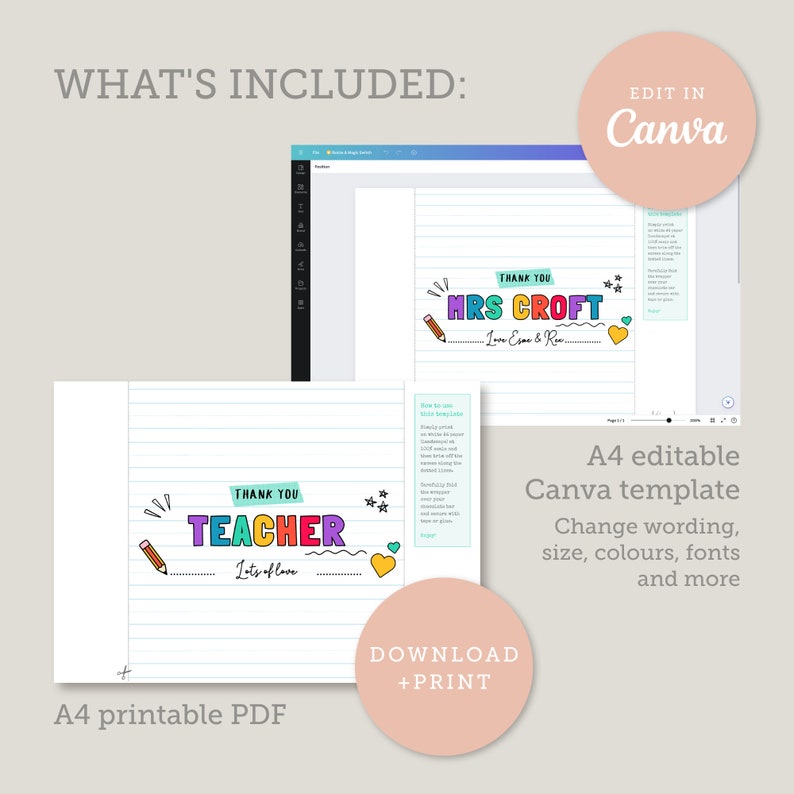 May include: A4 printable PDF and Canva template for a teacher thank you card. The design features colorful text that says "Thank You Teacher" and "Mrs. Croft", with decorative elements like pencils, hearts, and stars. The template is editable.