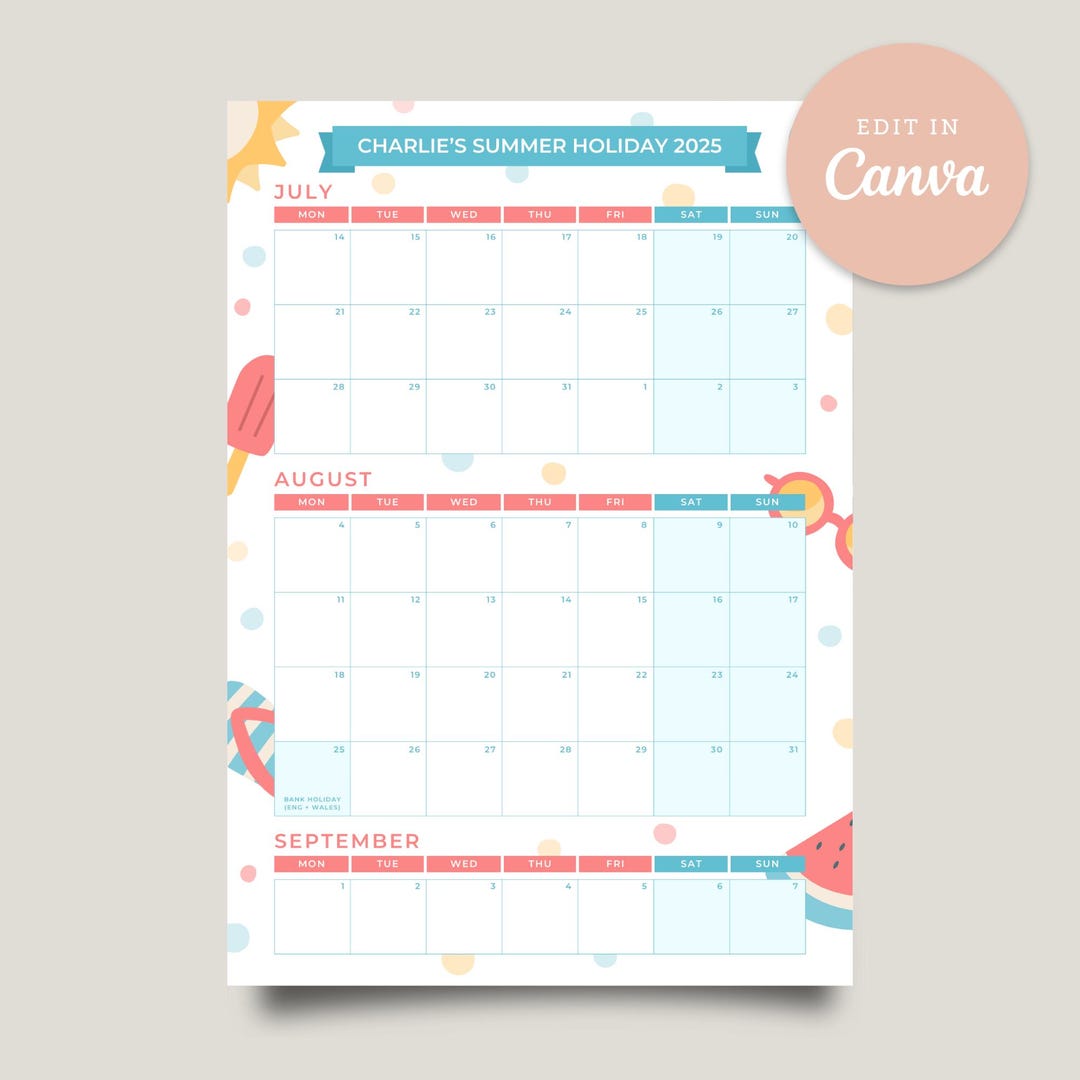 2025 UK School Summer Holiday Planner Template Bright A4 Editable Printable Canva Instant