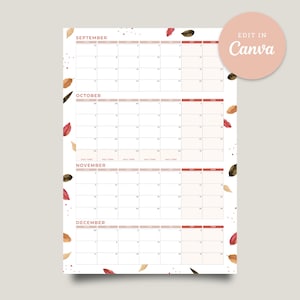 May include: A vertical wall calendar template featuring the months of September, October, November, and December. The design includes a grid layout for each month with a white background, rust-coloured headers, and scattered watercolour autumn leaves.