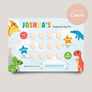 May include: A light blue reward chart with the name "Joshua's" in large, colorful letters. The chart features dinosaur illustrations, egg-shaped spaces, and text that reads "Start", "Reward", and "You Did It!" The text "A Jurassic Park Track Loop Set" is also included.