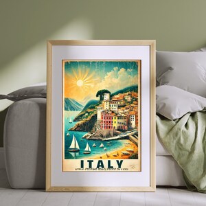 Poster di viaggio vintage in Italia / Arte murale costiera italiana / Paesaggio mediterraneo stampabile / Decorazione retrò in riva al mare