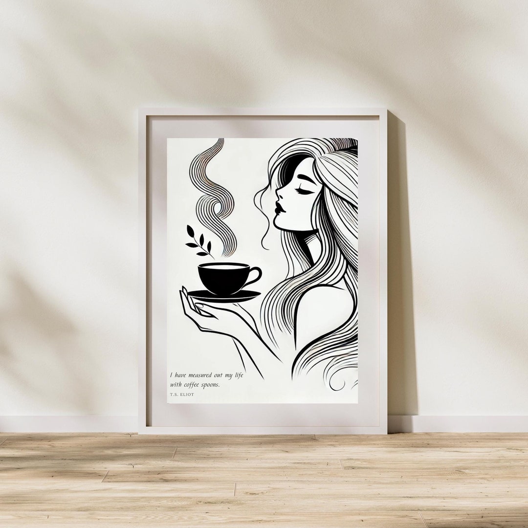 Coffee Woman Line Art Print, Minimalist Black & White Wall Decor ...