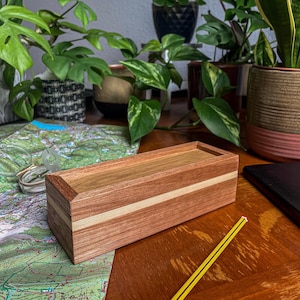 Handmade Oak and Sipo Wood Pencil Box with Pine Stripe
