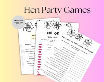 Hen party games, hen do games bundle, bridal shower games, hen night games, bachelorette party games