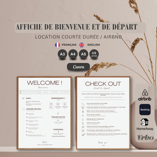 Airbnb 2 Affiches,  Bienvenue + Départ, Bilingue |  Template Canva |  French and English Airbnb welcome signs | Personnalisable sur CANVA