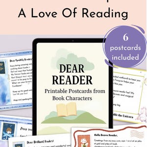 Druckbare Buchfigur Postkarten für Kinder – Motivationsschreiben lesen – Ermutigungskarten für Bücherwurm – Sofortdownload