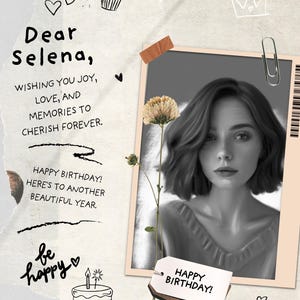 Cartão de retrato de aniversário personalizado – presente digital personalizado com foto, esboço de carvão exclusivo para ela ou para ele