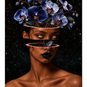 Hollow Bloom - Figurativt porträtttryck av afrosurrealism, blomkonst av svart kvinna, signerat fysiskt konsttryck av kosmisk surrealistisk stil